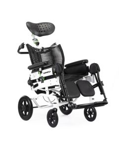 Juditta B30 ergonomic wheelchair in black and white, featuring a ventilated, contoured backrest with tension-adjustable straps, a perforated adjustable headrest, cushioned leg supports, and a lightweight frame with large rear wheels and swivel front caste